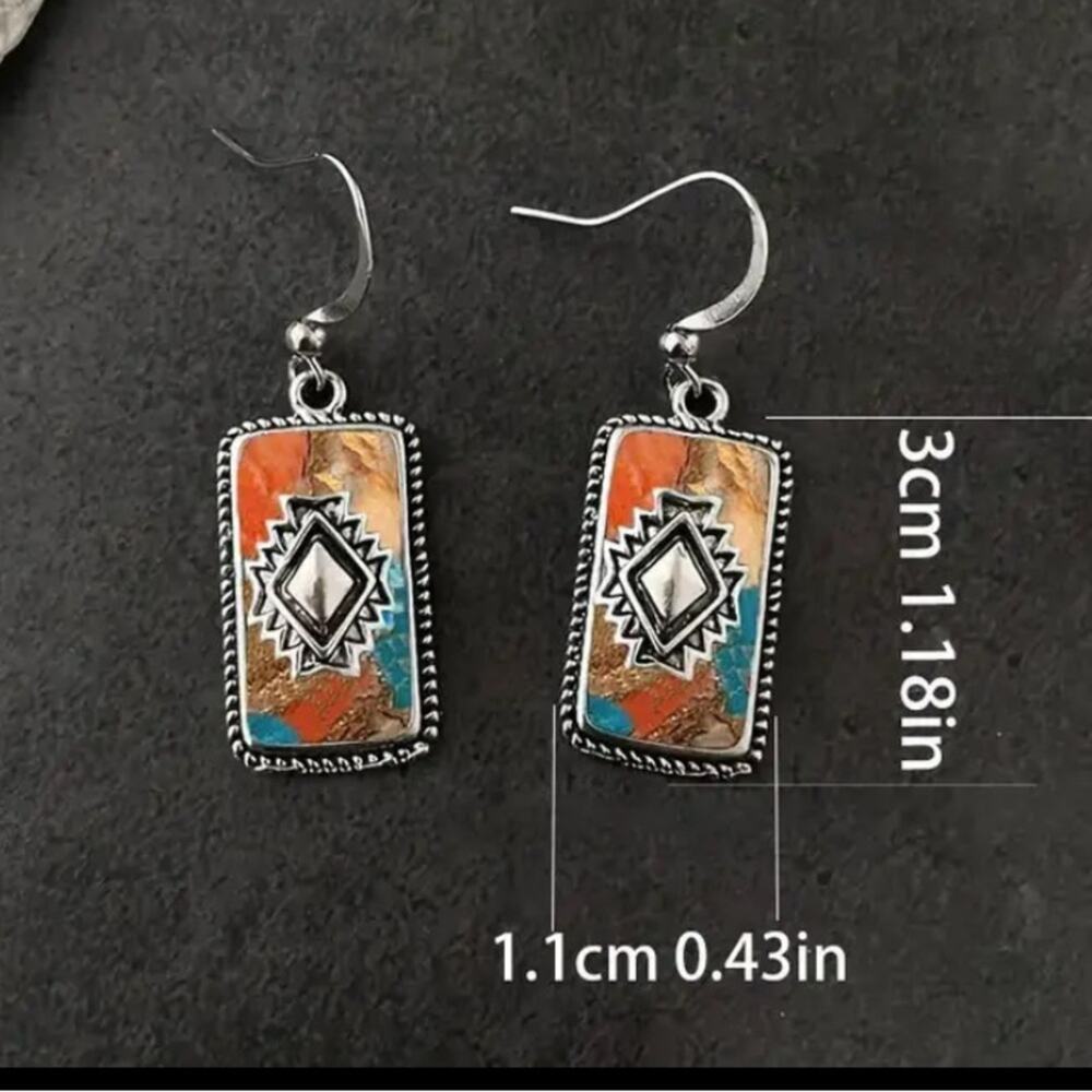 Silver Western Motif Aztec Boho Dangle Earrings - Picture 6 of 6